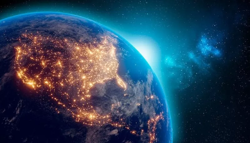 Earth at night from outer space with city lights on North America continent. 3D rendering illustration. Earth map texture provided by Nasa. Energy consumption, electricity, industry, power supply, ecology concepts.